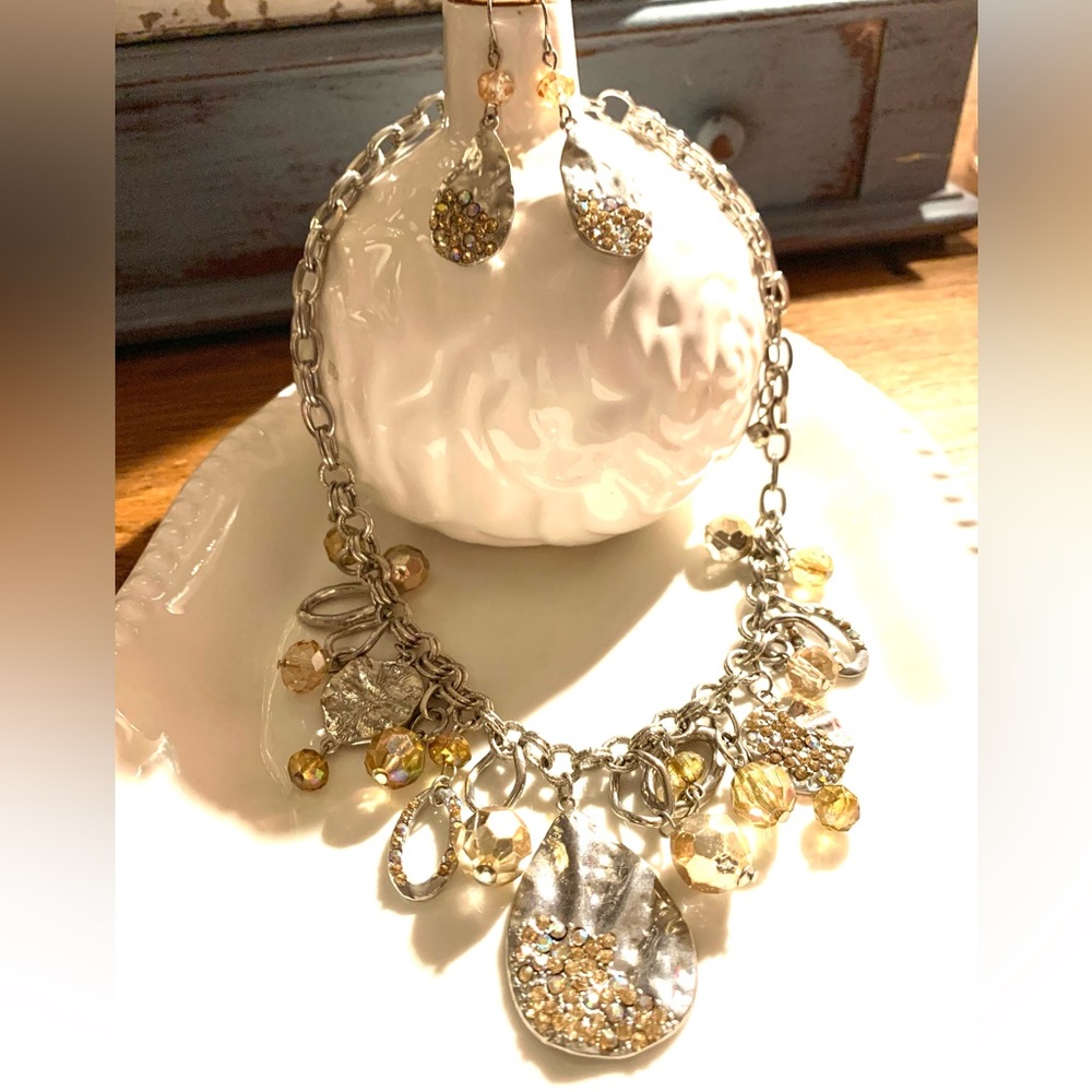 Elegant Silver and Gold Charm Necklace and Earring Set